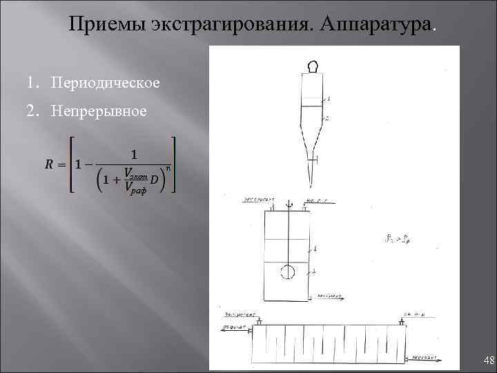 Приемы экстрагирования. Аппаратура. 1. Периодическое 2. Непрерывное 48 