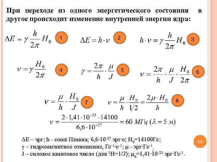 При переходе из одного энергетического состояния в другое происходит изменение внутренней энергии ядра: 1