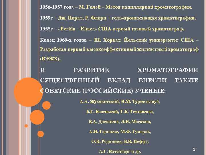 1956 -1957 года – М. Голей – Метод капиллярной хроматографии. 1959 г – Дж.