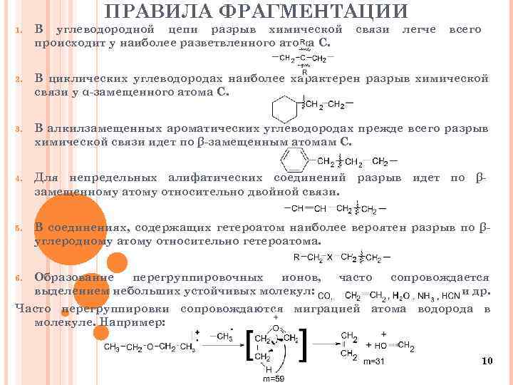 ПРАВИЛА ФРАГМЕНТАЦИИ 1. В углеводородной цепи разрыв химической происходит у наиболее разветвленного атома С.