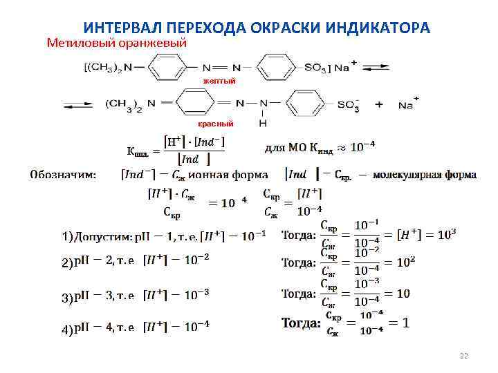 ИНТЕРВАЛ ПЕРЕХОДА ОКРАСКИ ИНДИКАТОРА Метиловый оранжевый желтый красный 1) 2) 3) 4) 22 