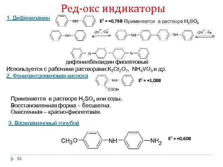 Ред-окс индикаторы 1. Дифениламин E 0 = +0, 76 B Применяется в растворе H