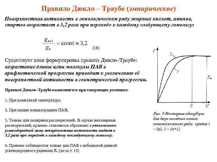 Правило Дюкло – Траубе (эмпирическое) Поверхностная активность в гомологическом ряду жирных кислот, аминов, спиртов