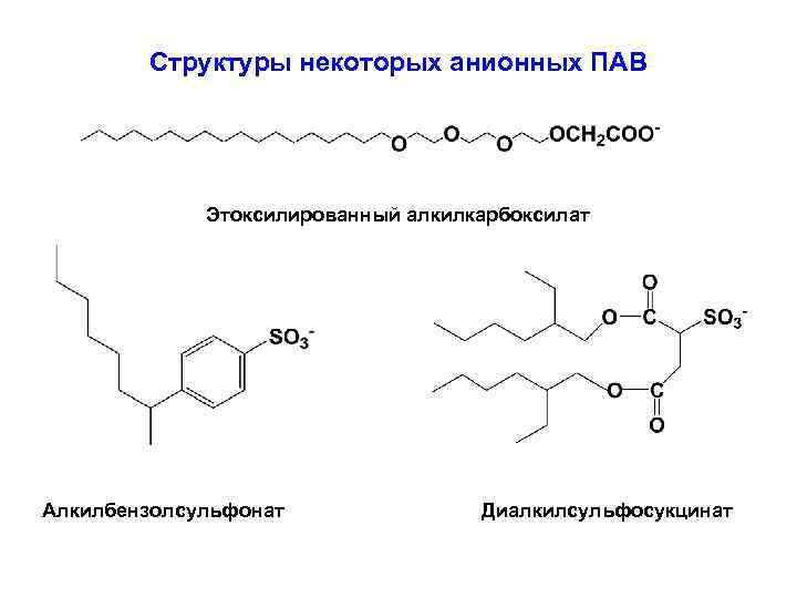 Структуры некоторых анионных ПАВ Этоксилированный алкилкарбоксилат Алкилбензолсульфонат Диалкилсульфосукцинат 