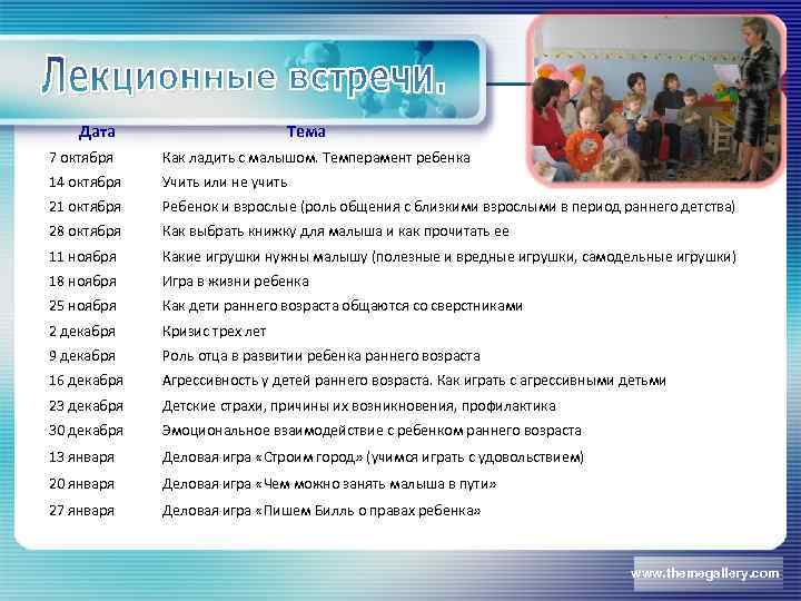 Дата Тема 7 октября Как ладить с малышом. Темперамент ребенка 14 октября Учить или