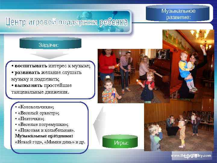 Музыкальное развитие: Задачи: • воспитывать интерес к музыке; • развивать желание слушать музыку и