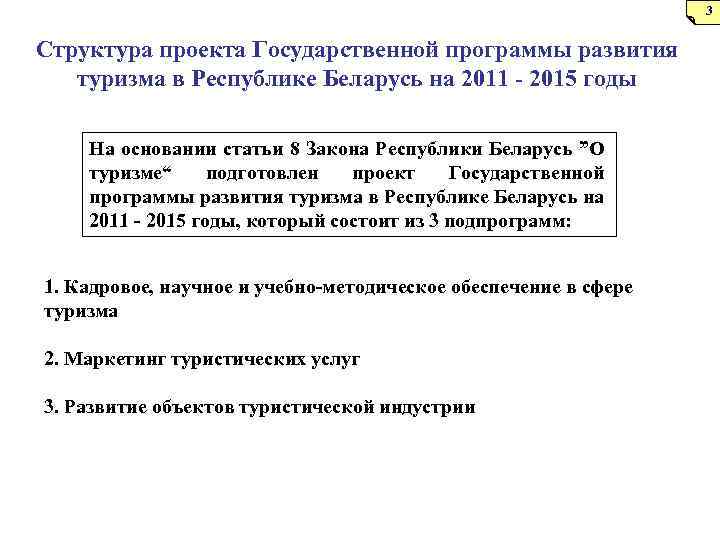 3 Структура проекта Государственной программы развития туризма в Республике Беларусь на 2011 - 2015