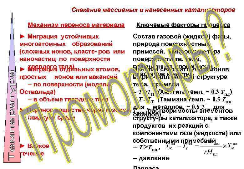 Спекание массивных и нанесенных катализаторов Механизм переноса материала Ключевые факторы процесса ► Миграция устойчивых