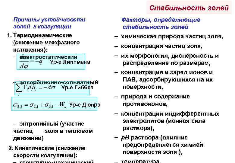 Стабильность золей Причины устойчивости золей к коагуляции 1. Термодинамические (снижение межфазного натяжения): электростатический Ур-е