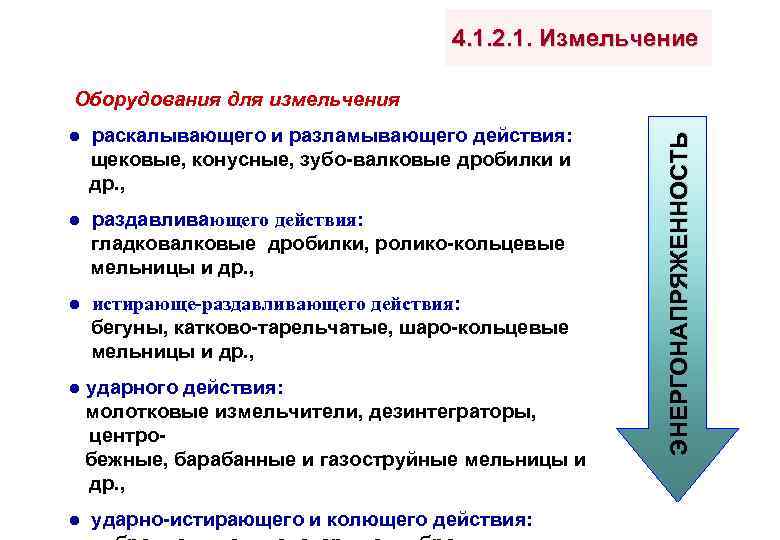 4. 1. 2. 1. Измельчение ● раскалывающего и разламывающего действия: щековые, конусные, зубо-валковые дробилки