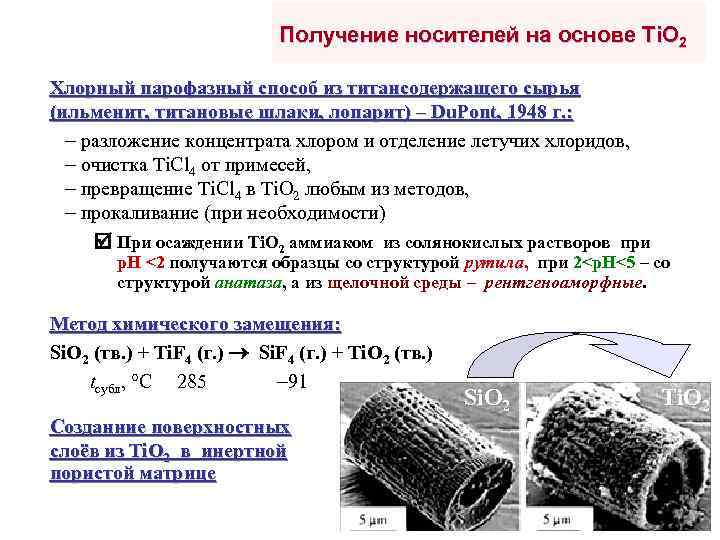 Получение носителей на основе Ti. O 2 Хлорный парофазный способ из титансодержащего сырья (ильменит,