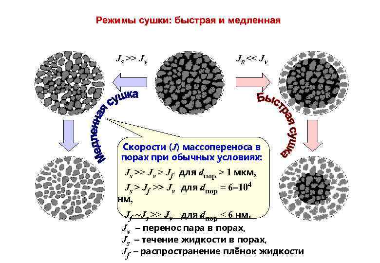 Режимы сушки: быстрая и медленная Js >> Jv Js << Jv Скорости (J) массопереноса