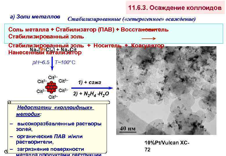 11. 6. 3. Осаждение коллоидов а) Золи металлов Стабилизированные ( «гетерогенное» осаждение) Соль металла