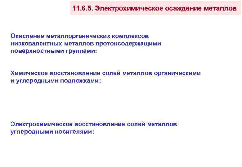 11. 6. 5. Электрохимическое осаждение металлов Окисление металлорганических комплексов низковалентных металлов протонсодержащими поверхностными группами: