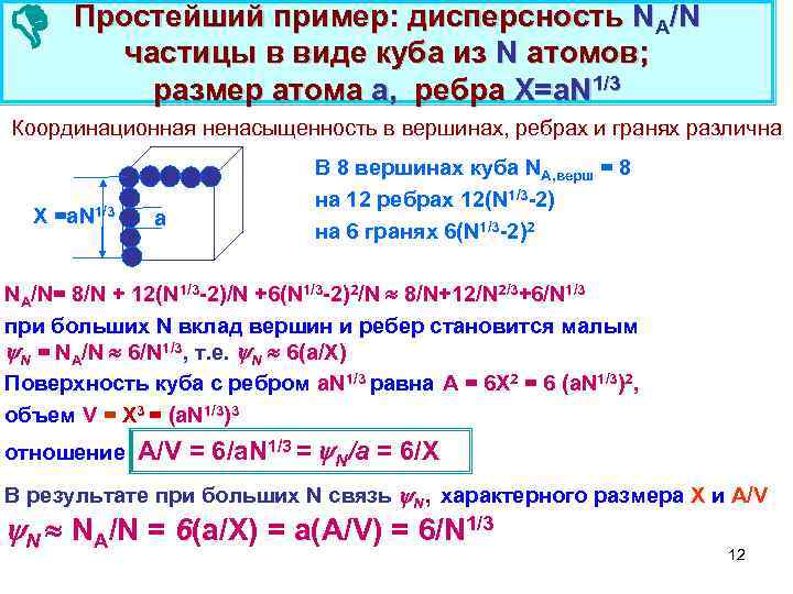 Простейший пример: дисперсность NA/N частицы в виде куба из N атомов; размер атома