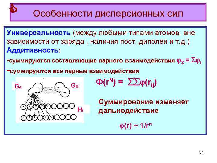  Особенности дисперсионных сил Универсальность (между любыми типами атомов, вне зависимости от заряда ,