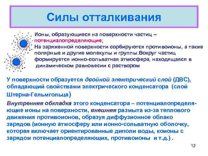 Силы отталкивания Ионы, образующиеся на поверхности частиц – потенциалопределяющие; На заряженной поверхности сорбируются противоионы,