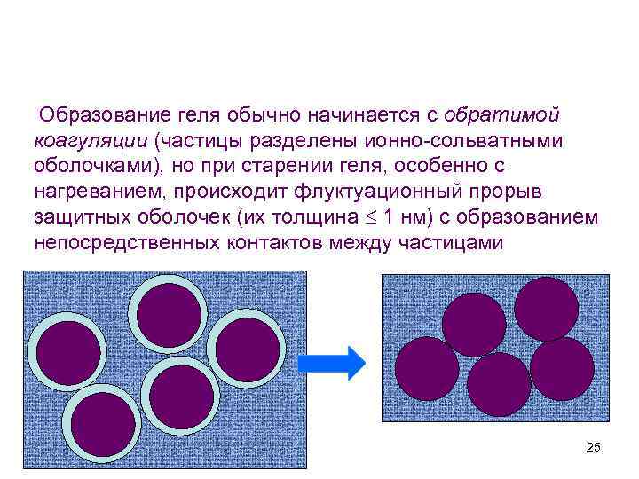 Образование геля обычно начинается с обратимой коагуляции (частицы разделены ионно-сольватными оболочками), но при старении