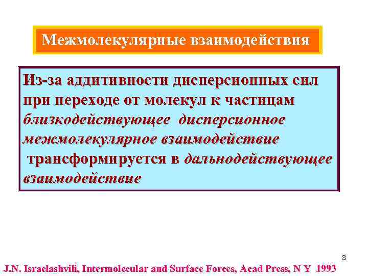 Межмолекулярные взаимодействия Из-за аддитивности дисперсионных сил при переходе от молекул к частицам близкодействующее дисперсионное