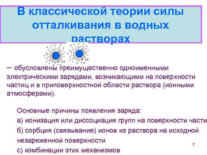 В классической теории силы отталкивания в водных растворах – обусловлены преимущественно одноименными электрическими зарядами,