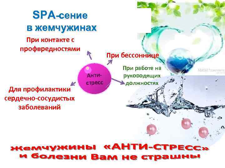  SPA-сение в жемчужинах При контакте с профвредностями Для профилактики сердечно-сосудистых заболеваний При бессоннице