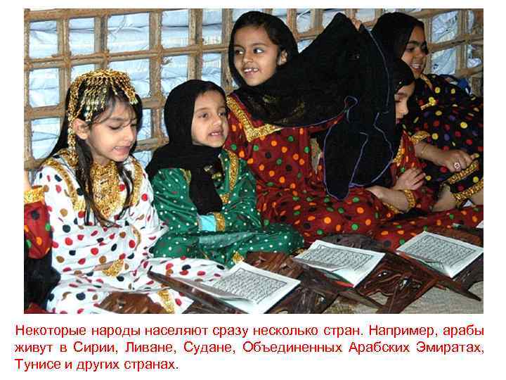 Некоторые народы населяют сразу несколько стран. Например, арабы живут в Сирии, Ливане, Судане, Объединенных