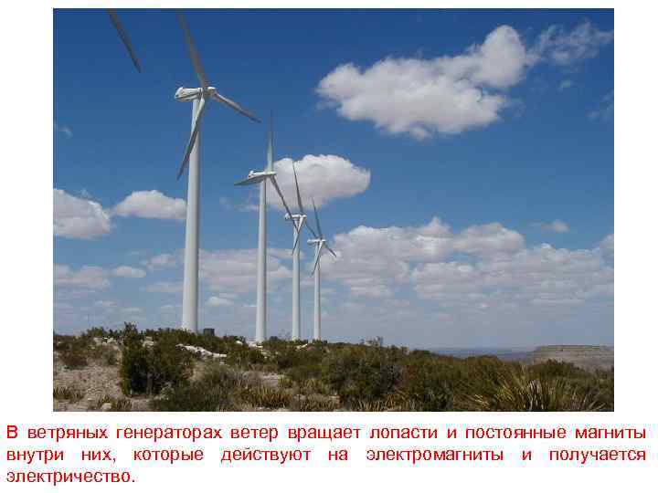 В ветряных генераторах ветер вращает лопасти и постоянные магниты внутри них, которые действуют на