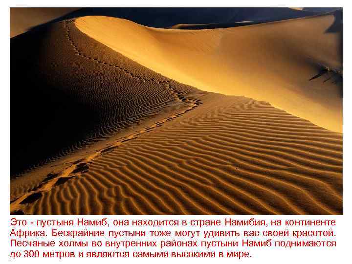  Это - пустыня Намиб, она находится в стране Намибия, на континенте Африка. Бескрайние