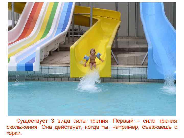 Существует 3 вида силы трения. Первый – сила трения скольжения. Она действует, когда ты,