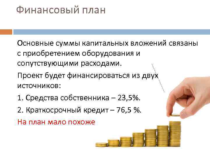 Финансовый план Основные суммы капитальных вложений связаны с приобретением оборудования и сопутствующими расходами. Проект