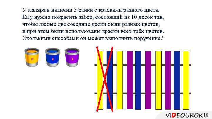 У маляра в наличии 3 банки с красками разного цвета. Ему нужно покрасить забор,