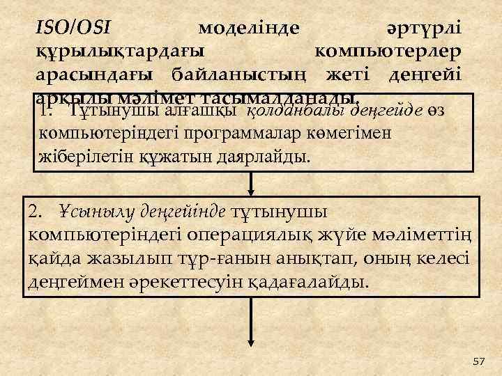 ISO/OSI моделінде әртүрлі құрылықтардағы компьютерлер арасындағы байланыстың жеті деңгейі арқылы мәлімет тасымалданады. 1. Тұтынушы