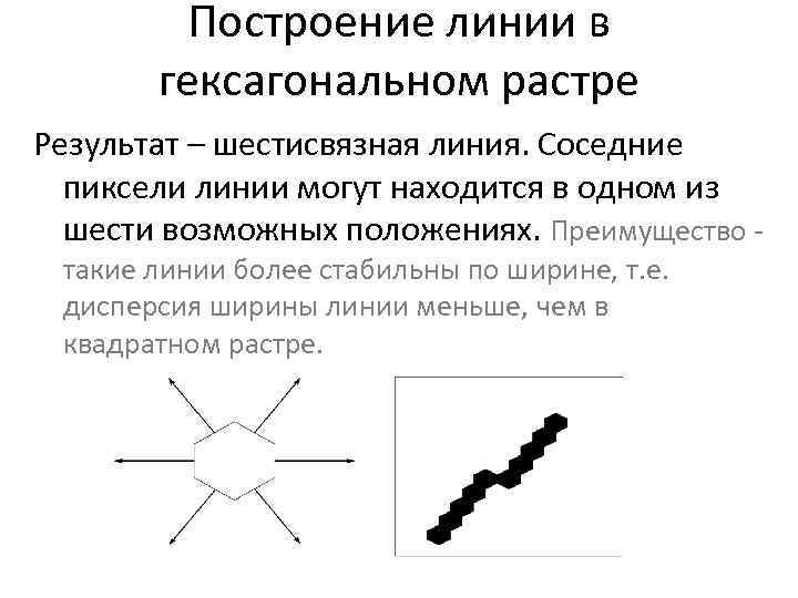 Построение линии в гексагональном растре Результат – шестисвязная линия. Соседние пиксели линии могут находится