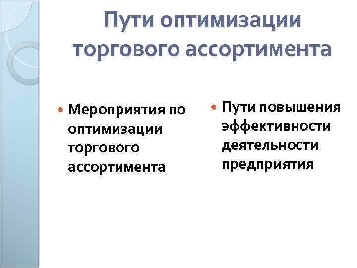 Пути оптимизации торгового ассортимента Мероприятия по оптимизации торгового ассортимента Пути повышения эффективности деятельности предприятия