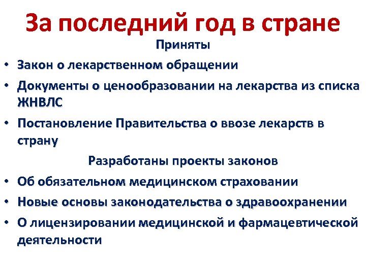 За последний год в стране • • • Приняты Закон о лекарственном обращении Документы