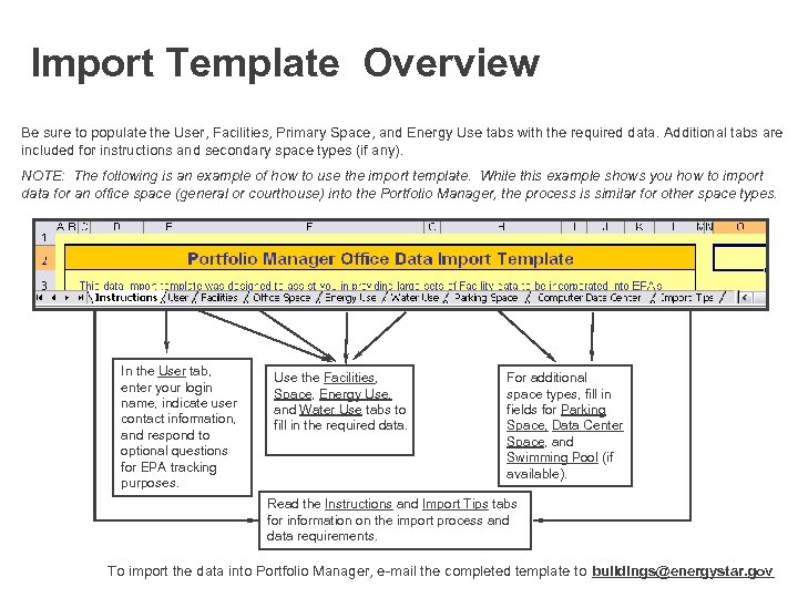 Import Template Overview Be sure to populate the User, Facilities, Primary Space, and Energy