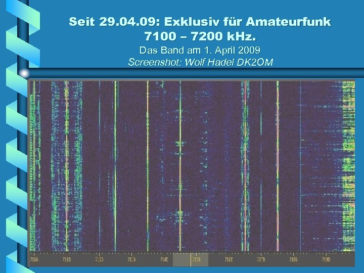 Seit 29. 04. 09: Exklusiv für Amateurfunk 7100 – 7200 k. Hz. Das Band
