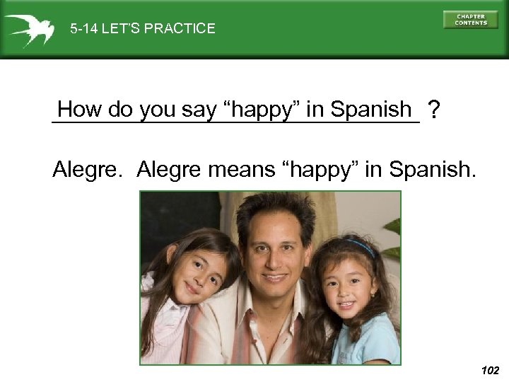 5 -14 LET’S PRACTICE How do you say “happy” in Spanish _____________ ? Alegre