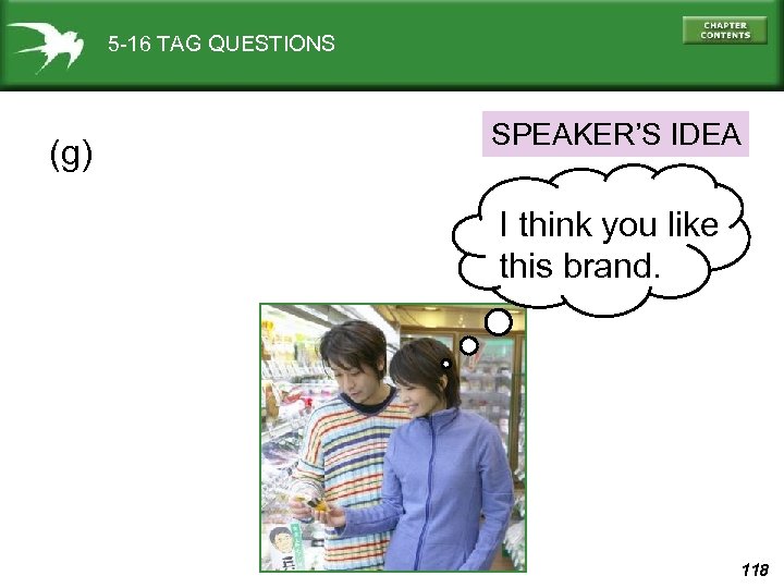 5 -16 TAG QUESTIONS (g) SPEAKER’S IDEA I think you like this brand. 118