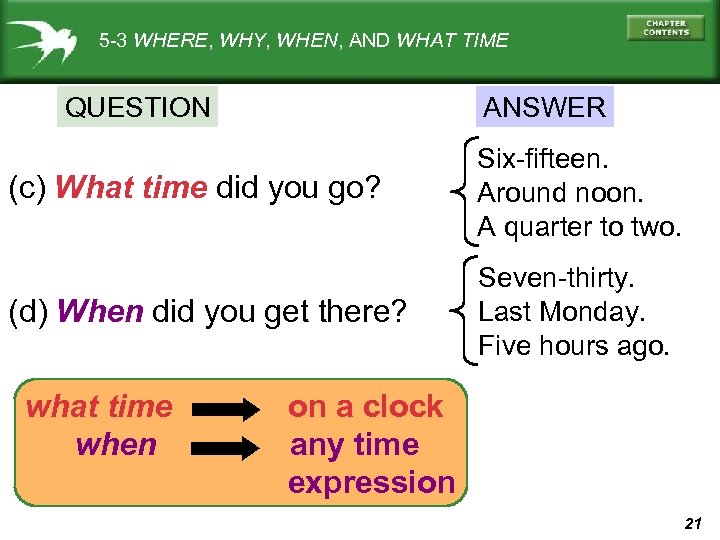 5 -3 WHERE, WHY, WHEN, AND WHAT TIME QUESTION ANSWER (c) What time did