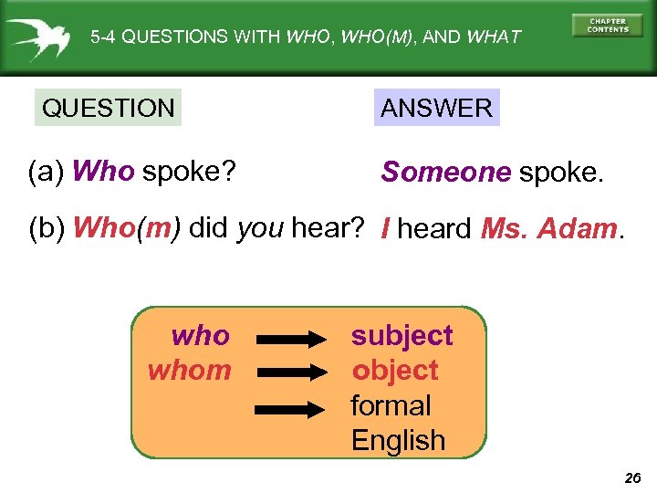 5 -4 QUESTIONS WITH WHO, WHO(M), AND WHAT QUESTION (a) Who spoke? ANSWER Someone