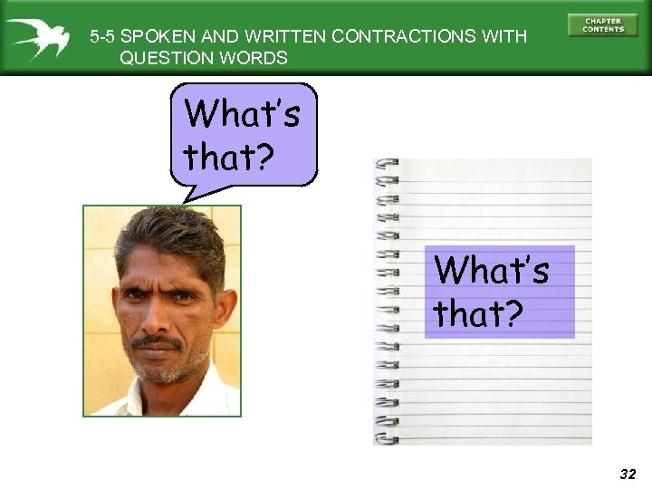 5 -5 SPOKEN AND WRITTEN CONTRACTIONS WITH QUESTION WORDS What’s that? 32 