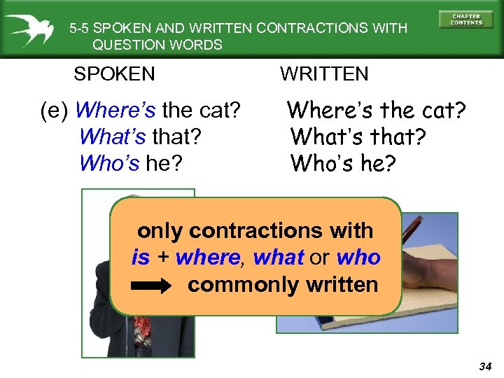 5 -5 SPOKEN AND WRITTEN CONTRACTIONS WITH QUESTION WORDS SPOKEN (e) Where’s the cat?