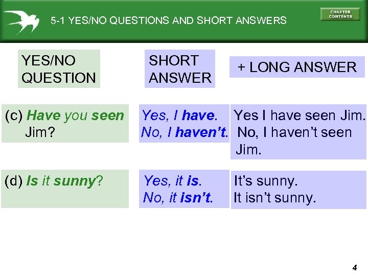 5 -1 YES/NO QUESTIONS AND SHORT ANSWERS YES/NO QUESTION SHORT ANSWER + LONG ANSWER