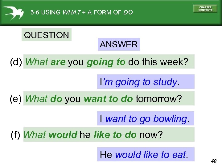 5 -6 USING WHAT + A FORM OF DO QUESTION ANSWER (d) What are