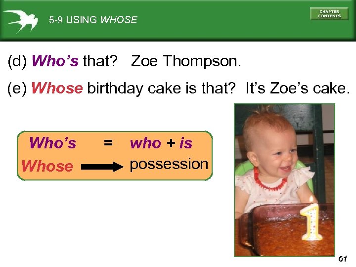 5 -9 USING WHOSE (d) Who’s that? Zoe Thompson. (e) Whose birthday cake is