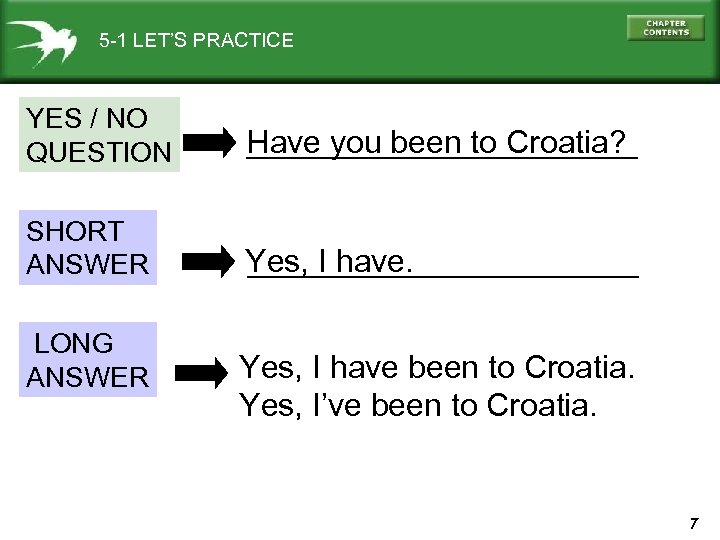 5 -1 LET’S PRACTICE YES / NO QUESTION Have you been to Croatia? ___________