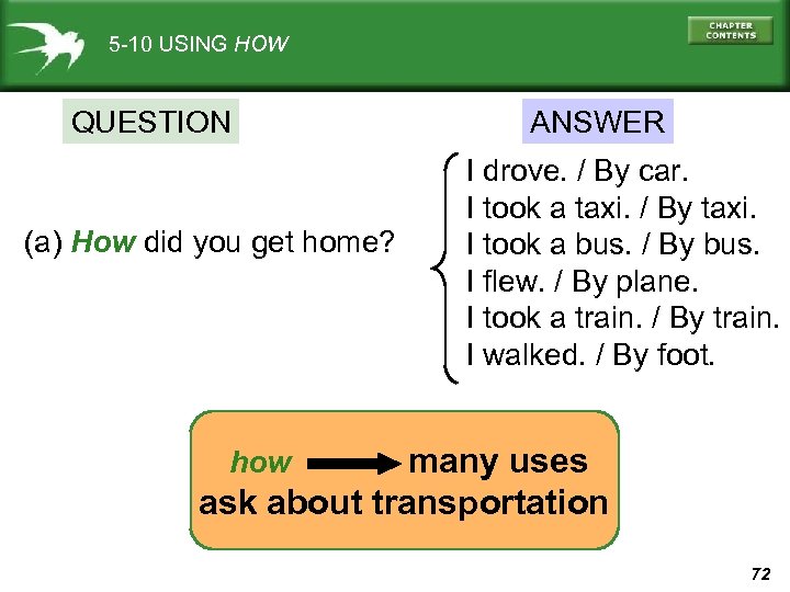 5 -10 USING HOW QUESTION (a) How did you get home? ANSWER I drove.