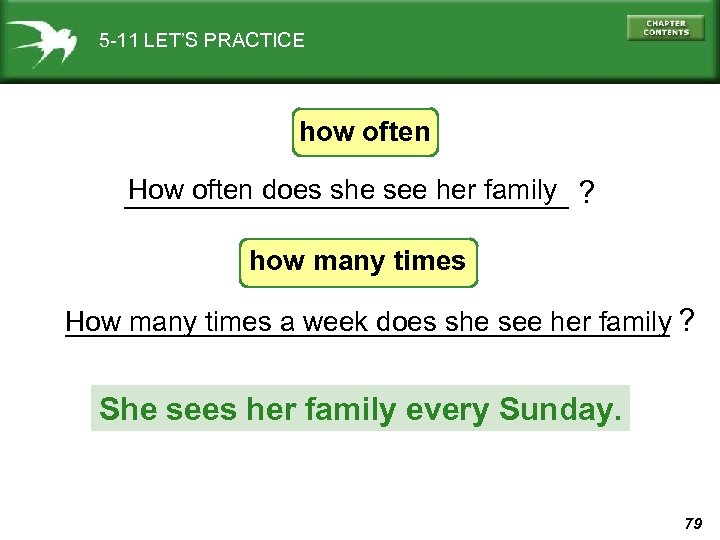 5 -11 LET’S PRACTICE how often How often does she see her family _____________