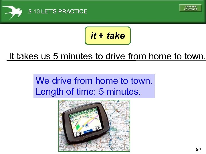 5 -13 LET’S PRACTICE it + take It takes us 5 minutes to drive